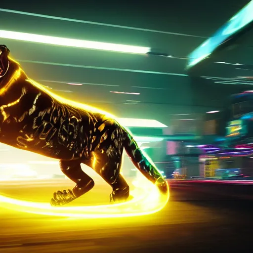 Image similar to portrait of a neon cyberpunk cyborg jaguar animal riding a motorcycle, octane render