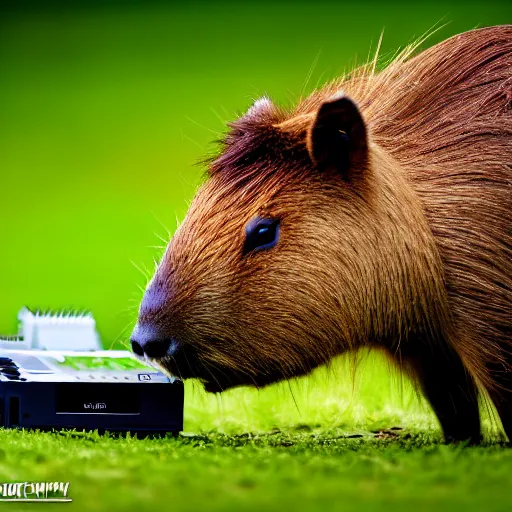 Prompt: cute capybara eating a nvidia gpu with cooling fans, chewing on a graphic card, wildlife photography, bokeh, sharp focus, 3 5 mm, taken by sony a 7 r, 4 k, award winning