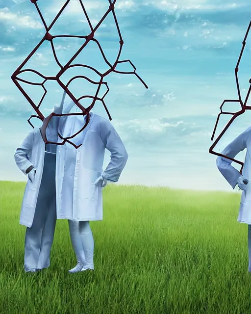 Image similar to in a field, two scientists in lab coats encounter a monster shaped like the DNA double helix, digital art