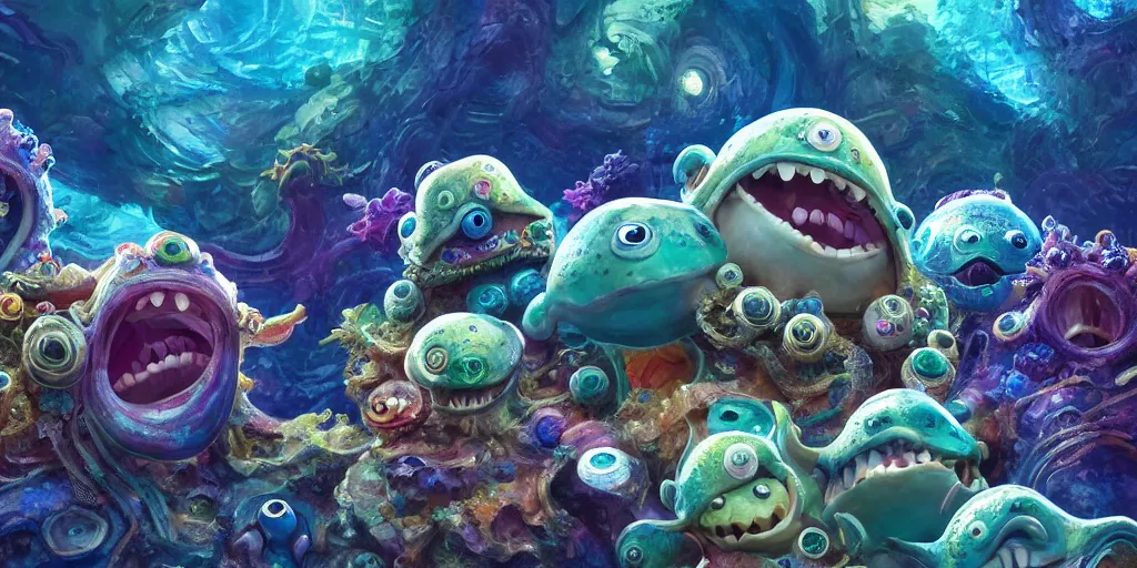 Image similar to of an intricate sea reef with strange cute friendly happy creatures with huge eyes, mouth, long tongue, round teeth and goofy face, appearing from the background, in the style of gehry and gaudi, macro lens, shallow depth of field, ultra detailed, digital painting, trending artstation, concept art, illustration, cinematic lighting, photorealism, epic, octane render