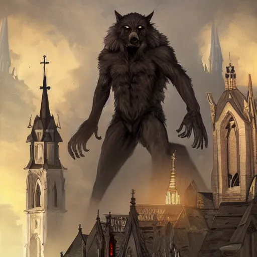 Prompt: werewolf sitting on church of sts. olha and elizabeth lviv, portrait, highly detailed, full body, digital painting, trending on artstation, concept art, sharp focus, illustration, art by artgerm and greg rutkowski and magali villeneuve