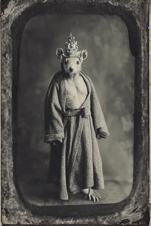 Prompt: a wet plate photo of an anthropomorphic ferret king, wearing a crown, wearing a robe