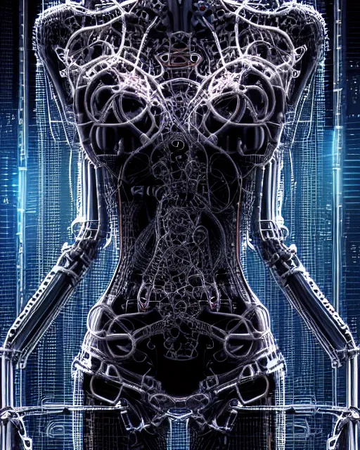 Image similar to portrait photo of a biomechanical torso of an elegant cyborg plugged into a quantum computer with cables and wires and optic fibers. cyberpunk horror style. art by luis royo. highly detailed 8 k. intricate. nikon d 8 5 0 5 5 mm. award winning photography.