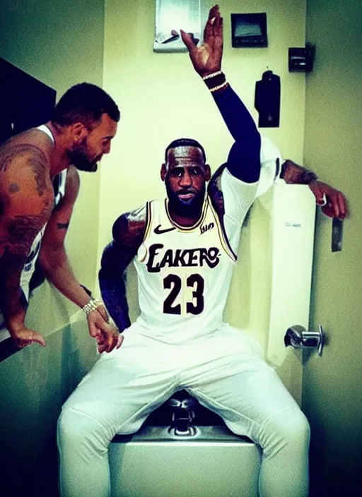 Image similar to instagram photo of lebron james stuck in a toilet, bad quality, shaky camera, funny