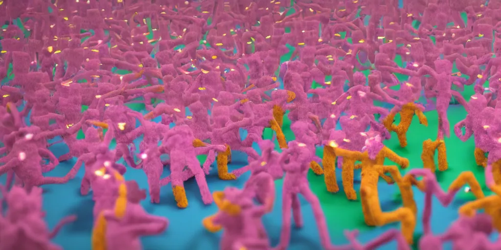 Image similar to group of giant sakura-colored people dancing made out of fluffy pipecleaners in the style of Jean-Michel Basquiat, 3D cinematic lighting, spotlight at a 90 DEGREE ANGLE, photorealism, octane render, depth of field, 8k, 35mm, artgem, Trending on artstation