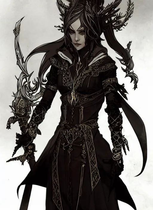 Prompt: Full body portrait of a lively young beautiful elven female in ornate rogue attire. In style of Yoji Shinkawa and Hyung-tae Kim, trending on ArtStation, dark fantasy, great composition, concept art, highly detailed, dynamic pose.