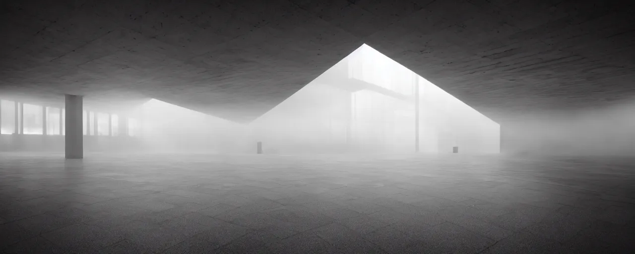 Prompt: realistic interior of a brutalist architecture building, (((((two blurred silhouettes kissing in the distance))))), Godrays at sunset, hard shadows, volumetric fog, Hyper realistic film photography, Zeiss 24mm f2.8, Hasselblad, insanely detailed, sharp focus