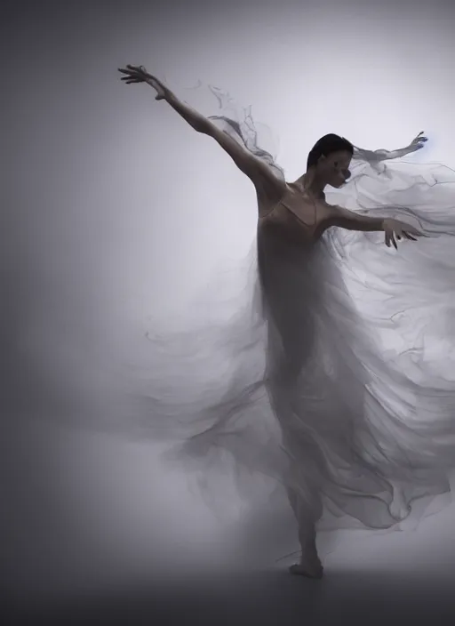 Image similar to a Photorealistic dramatic hyperrealistic render of a glamorous beautiful Female smoke dancer by Ken Brower and Deborah Ory of NYC Dance project,Lois Greenfield,Flowing cloth and smoke,Beautiful dynamic dramatic dark moody lighting,volumetric,shadows,cinematic atmosphere,Octane render,8K