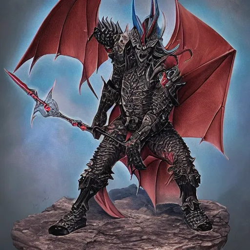 Prompt: am a naranbaatar ganbold, jean giraud, artgerm, devil in armor made of iron and dragon bones, with hellish devil wings, height detailed body elements