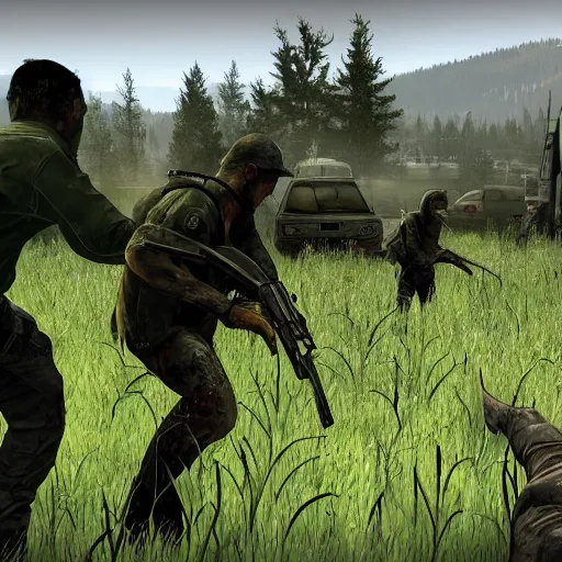 Prompt: survivors fending off a zombie attack in dayz, ultra realistic, hd