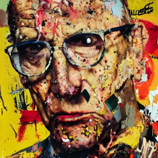 Image similar to hyperrealistic, photorealistic, mixed media oil painting of hunter s thompson, magazine scraps, plaster, blood, oil, mustard, splatter, greg rutkowski, basquiat, ralph steadman, wesley kimler, terry gilliam, andy warhol, dali