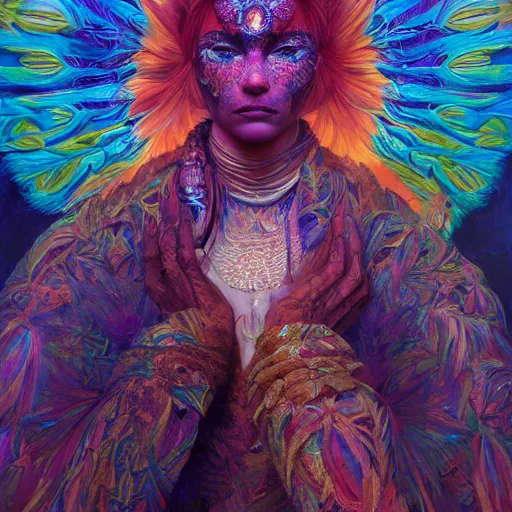 Image similar to A reality bending psychedelic ayahuasca experience, colorful, distorted, surreal, tropical bird feathers, dramatic lighting on the face, intricate, elegant, highly detailed, digital painting, concept art, smooth, sharp focus, illustration, art by Krenz Cushart and Wayne Barlowe and alphonse mucha