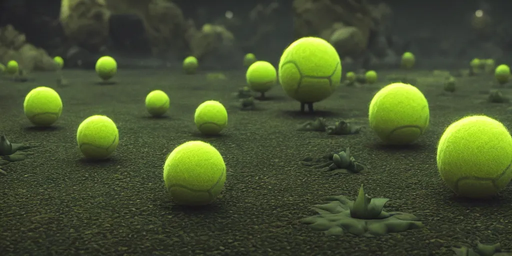 Image similar to a cinematic poster photo of 8 k ultra realistic tennis ball monsters, exotic, cinematic lighting, trending on artstation, 4 k, hyperrealistic, focused, high details, unreal engine 5, cinematic, alien planet atmosphere in background, 3 d render by beeple