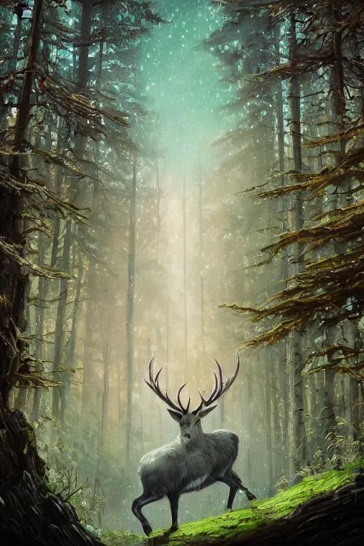 Prompt: Magical White Stag in the distance, lush evergreen forest, vivid colors, night scene, 4K, character concept art, oil painting, digital painting, painterly, cinematic lighting, rule of thirds, trending in artstation, cgsociety, by anato finnstark, Artgerm, Greg Rutkowski, Joseph Christian Leyendecker