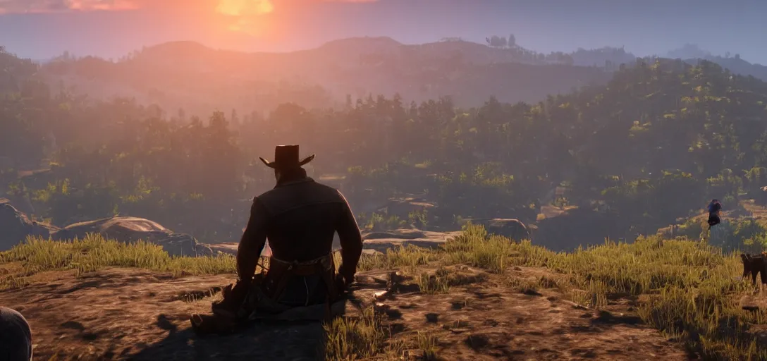 Prompt: Arthur Morgan from Red Dead Redemption 2 sitting at the top of a mountain looking at a beautiful sunrise in the distance