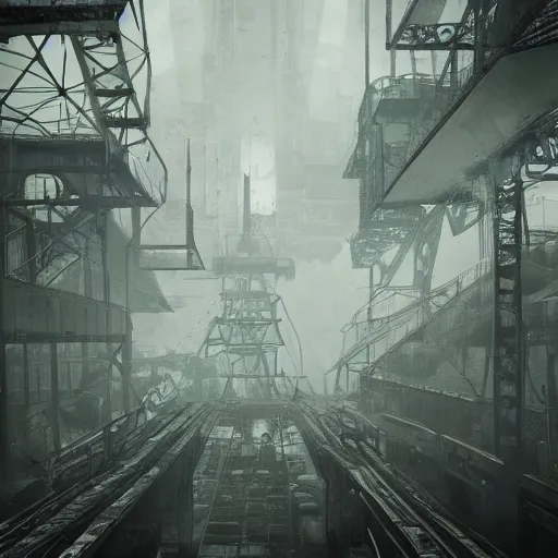 Image similar to raining dark smog wide angle shot machinery dieselpunk dystopia corrogated steel overhead walkway trending on artstation megalomaniac city