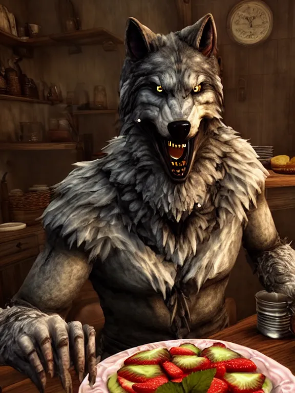 Image similar to cute handsome cuddly burly surly relaxed calm timid werewolf from van helsing sitting down at the breakfast table in the kitchen of a normal country home cooking having fun lighthearted whimsy baking strawberry tart cakes unreal engine hyperreallistic render 8k character concept art masterpiece screenshot from the video game the Elder Scrolls V: Skyrim