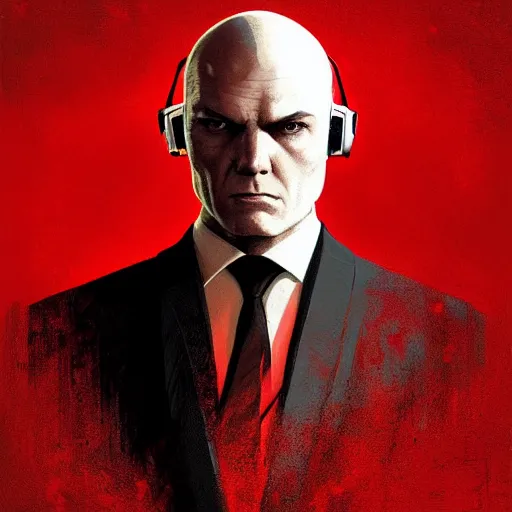 Prompt: a portrait of agent 4 7 from hitman wearing headphones, dark background, red rim light, highly detailed, digital art, artstation, concept art, smooth, sharp focus, greg rutkowski, wlop