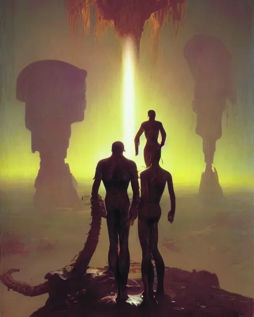 Prompt: pulp scifi cover, spaceman meets man from venus, extra terrestrial alien planet, baobab trees, painted by ruan jia, raymond swanland, lawrence alma tadema, zdzislaw beksinski, norman rockwell, jack kirby, tom lovell, alex malveda, greg staples, schomburg, bergey, science fiction