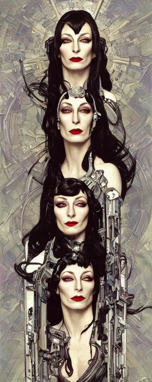 Image similar to a beautiful and captivating sci - fi art nouveau style portrait of anjelica huston as a futuristic gothpunk rebel soldier by chris achilleos, travis charest and alphonse mucha, mixed media painting, photorealism, extremely hyperdetailed, perfect symmetrical facial features, perfect anatomy, ornate declotage, circuitry, technical detail, confident expression, wry smile