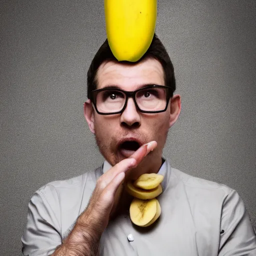 Image similar to a man with a banana horns coming out of his head, photography