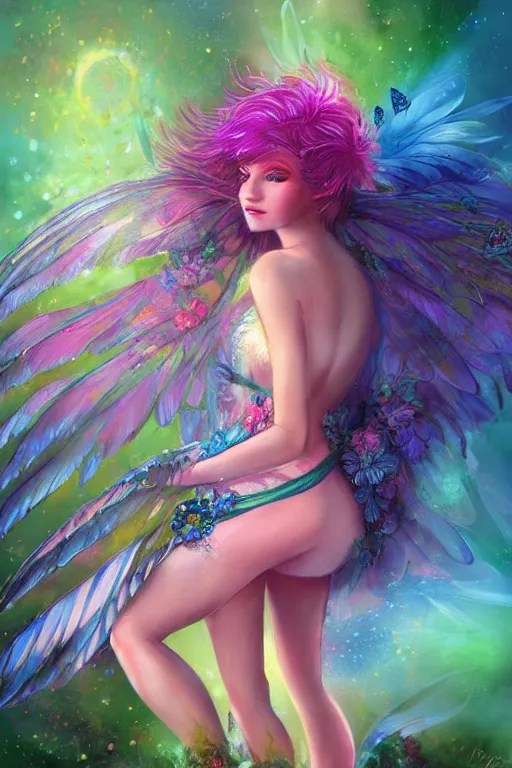 Prompt: wonderdream faeries lady feather wing digital art painting fantasy bloom vibrant snyder zack and swanland raymond and pennington bruce illustration character design concept harmony joy atmospheric lighting butterfly