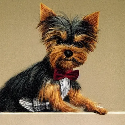 Image similar to a Yorkshire terrier at a bar wearing a bow tie, extremely detailed masterpiece, illustration, by Michael Sowa,