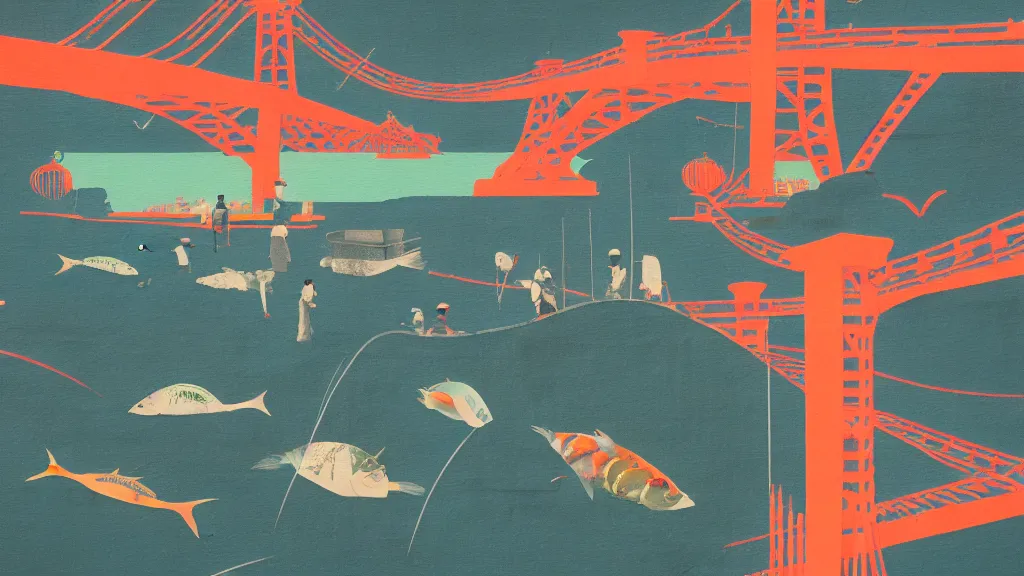 Image similar to japan fishing in odaiba, a collage painting, in the style of wes anderson, lola dupre, david hockney, isolated on negative space background dark monochrome neon spraypaint accents volumetric octane render