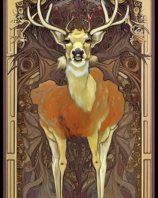 Image similar to an art nouveau painting of a deer with antlers, highly detailed, intricate, artstation, by alphonse mucha and james gurney