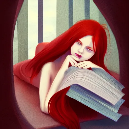 Image similar to A red haired girl rests her beautiful face and long hair over a book, she's sleeping, digital art, artstation