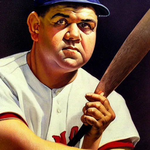 Prompt: a portrait painting of Babe Ruth. Painted by Norman Rockwell