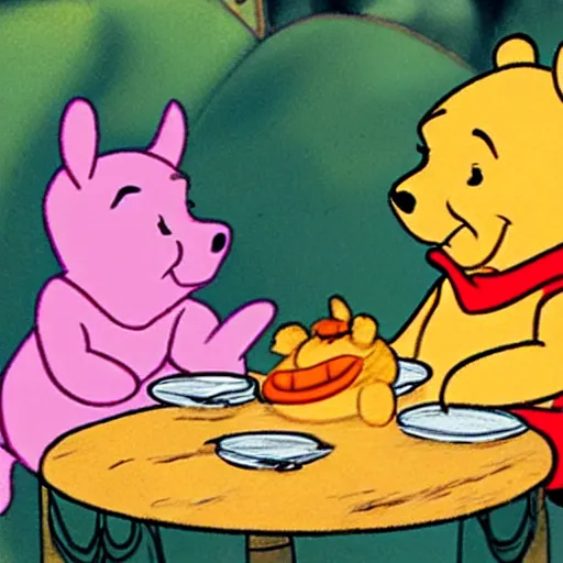 Image similar to Winnie the Pooh invites Tiger and Piglet to dine in a very fancy restaurant.