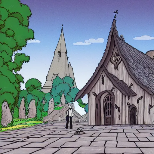 Image similar to illustration of a fluffy grey cat pointing it's paw at a priest in front of a white stave church by studio ghibli fantastic realism ultra - wide angle lens, early morning