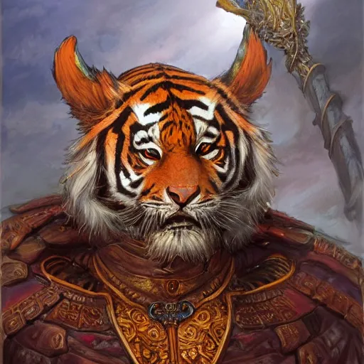 Prompt: Swordman with the head of a tiger wearing an ornate cloak as a fantasy D&D character, portrait art by Donato Giancola and James Gurney, digital art, trending on artstation