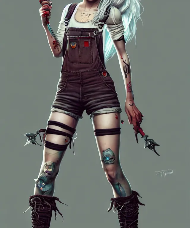 Image similar to full body pose, grungy ciri, torn overalls, short shorts, combat boots, fishnets, beautiful, highly detailed face, true anatomy!, extremely detailed!, digital painting, unreal engine 5, art by tom bagshaw