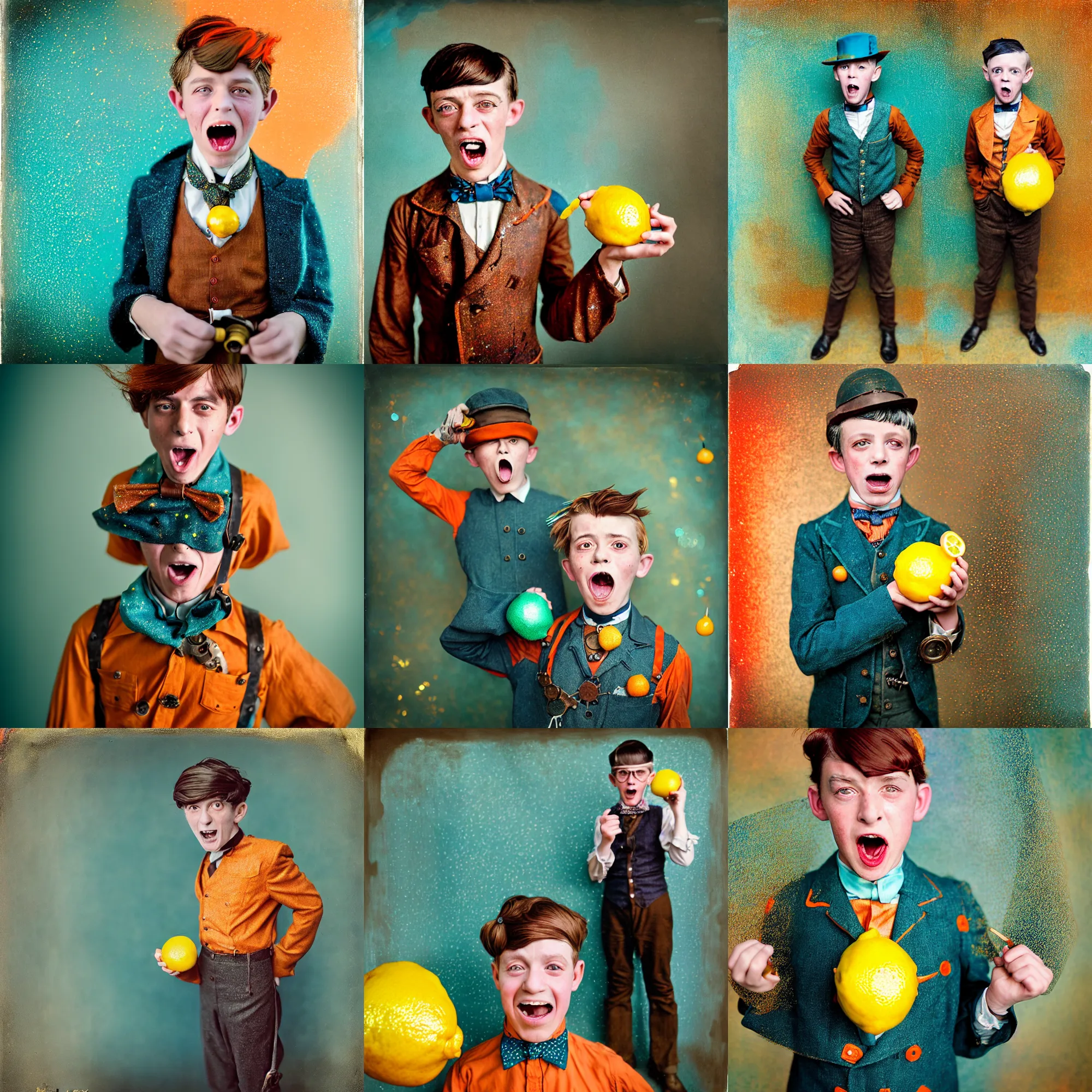 Prompt: kodak portra 4 0 0, wetplate, motion blur, realistic character portrait photo of a screaming 8 year old steampunk boy hero in the 1 9 2 0 s, wearing a lemon, 1 9 2 0 s cloth hair, coloured in teal and orange, muted colours, by britt marling, glitter storm