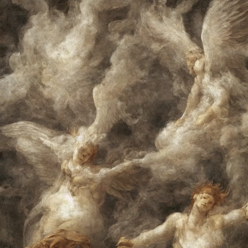 Image similar to powerful seraphim with white wings and white hair floating in a cloud of smoke. detailed, ultra - realistic, 8 k. by michelangelo, da vinci.