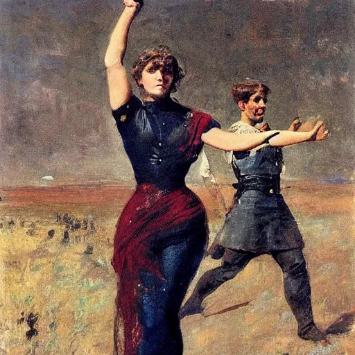 Image similar to action heroine, raised fists by alfred stevens