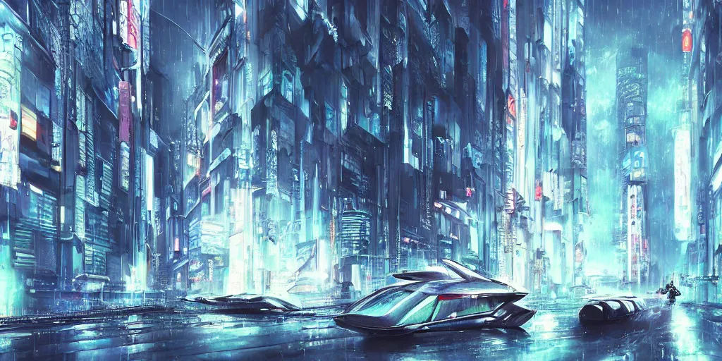 Image similar to rainy futuristic tokyo city with futuristic vehicles and robots, megacity, sci-fi, matte painting, concept art, style by dylan cole