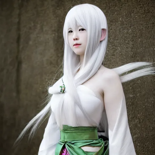 Image similar to full body shot of a japanese princess young lady, beauty, with a long white, white hair, ganyu cosplay, artwork by Akihiko Yoshida