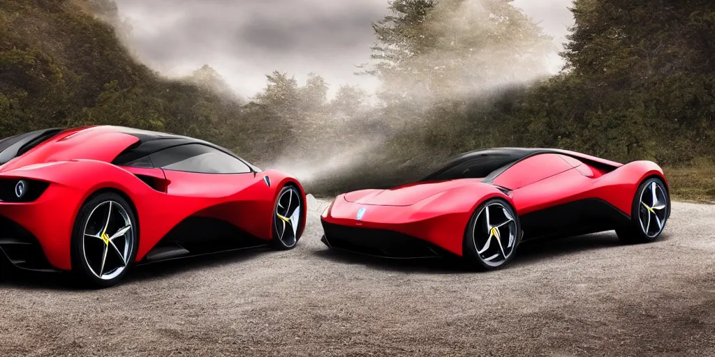 Image similar to a electric sport car designed by ferrari, outdoor magazine, ambient light, fog