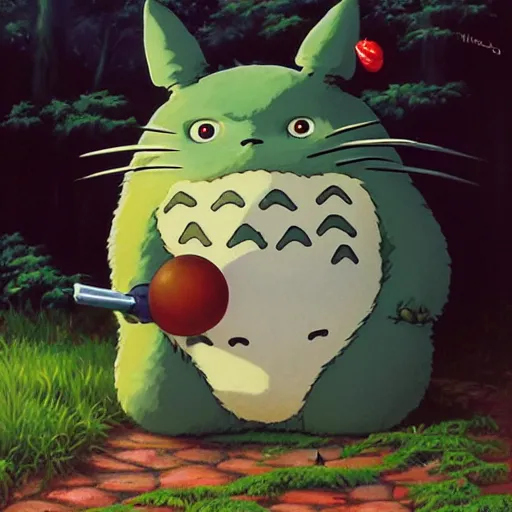 Prompt: totoro from my neighbor totoro, eating a snowball, Greg Hildebrandt, Mark Keathley