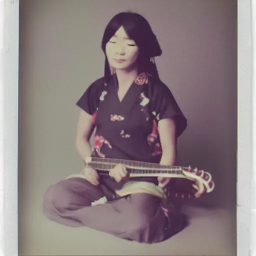 Prompt: 1 9 7 0 s polaroid of a female japanese folk musician with messy hair, hazy, faded