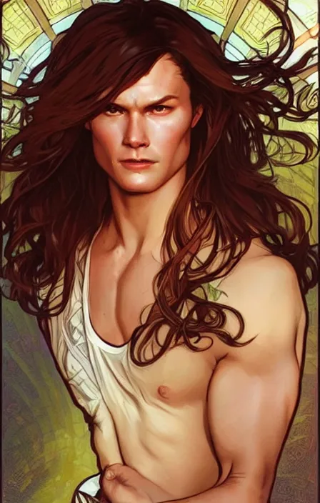 Image similar to pretty muscular sam winchester as a character in romance book art design, character concept, sharp focus!, ultra detailed, art by artgerm alphonse mucha, wlop