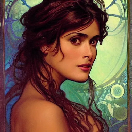 Image similar to salma hayek portrait by alfons mucha, playful, fantasy, medieval, beautiful face, vivid colrs, elegant, concept art, sharp focus, digital art, hyper - realistic, 4 k, unreal engine, highly detailed, hd, dramatic lighting by brom, trending on artstation