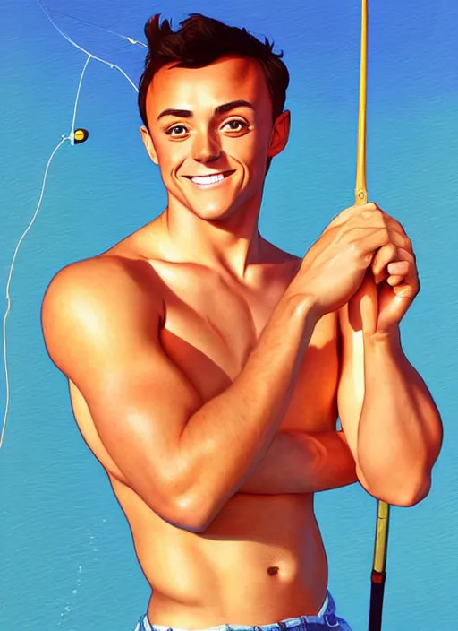 Image similar to cute fisherman tom daley, natural lighting, path traced, highly detailed, high quality, digital painting, by don bluth and ross tran and studio ghibli and alphonse mucha, artgerm