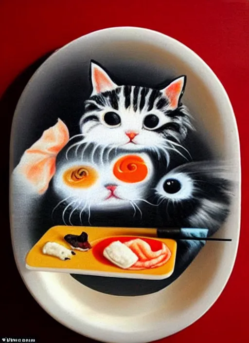 Image similar to clear surrealist painting of adorable cats made from sushi rice, sitting on sushi plates with garnish