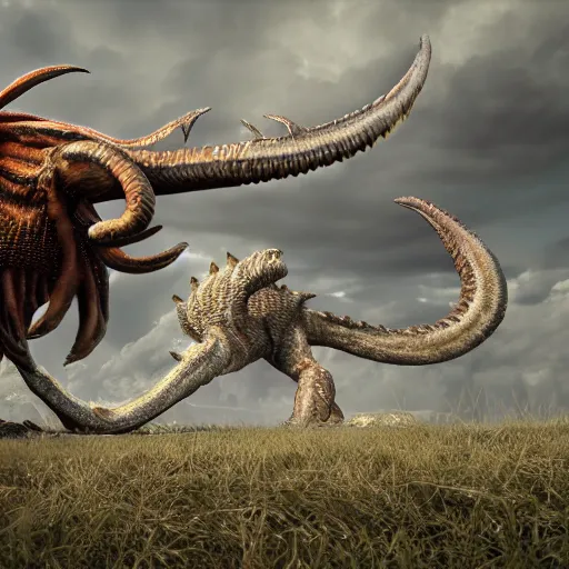 Prompt: photorealistic cinema 4 d render of an eldritch monster hunter