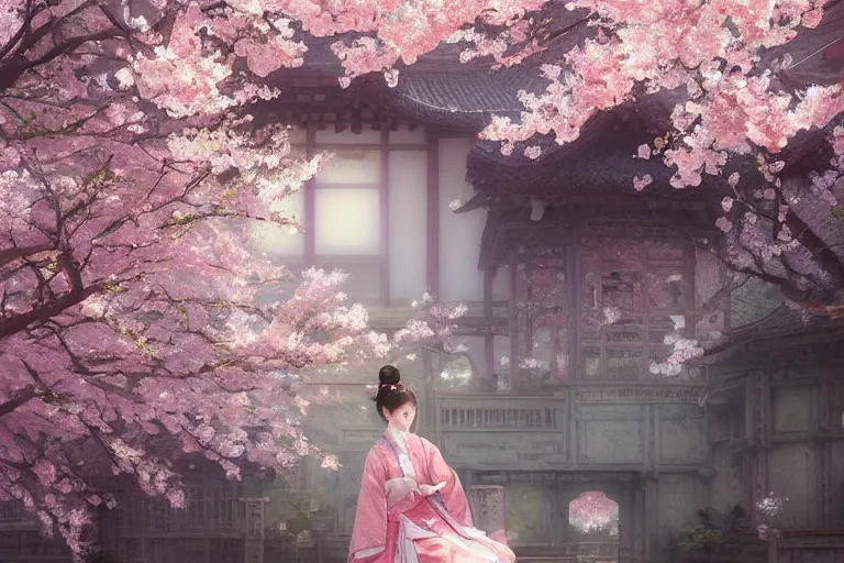 Prompt: ! dream a beautiful picture of sakura in full bloom, palace ， a girl in hanfu, by greg rutkowski and thomas kinkade, trending on artstation
