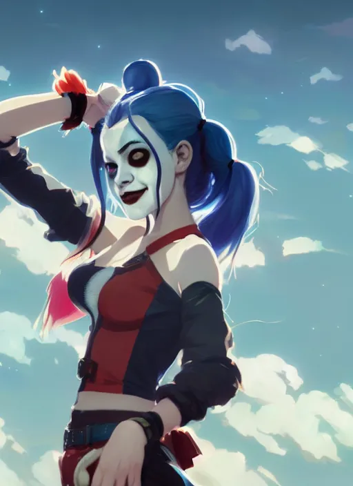 Image similar to portrait of harley quinn, cloudy sky background lush landscape illustration concept art anime key visual trending pixiv fanbox by wlop and greg rutkowski and makoto shinkai and studio ghibli